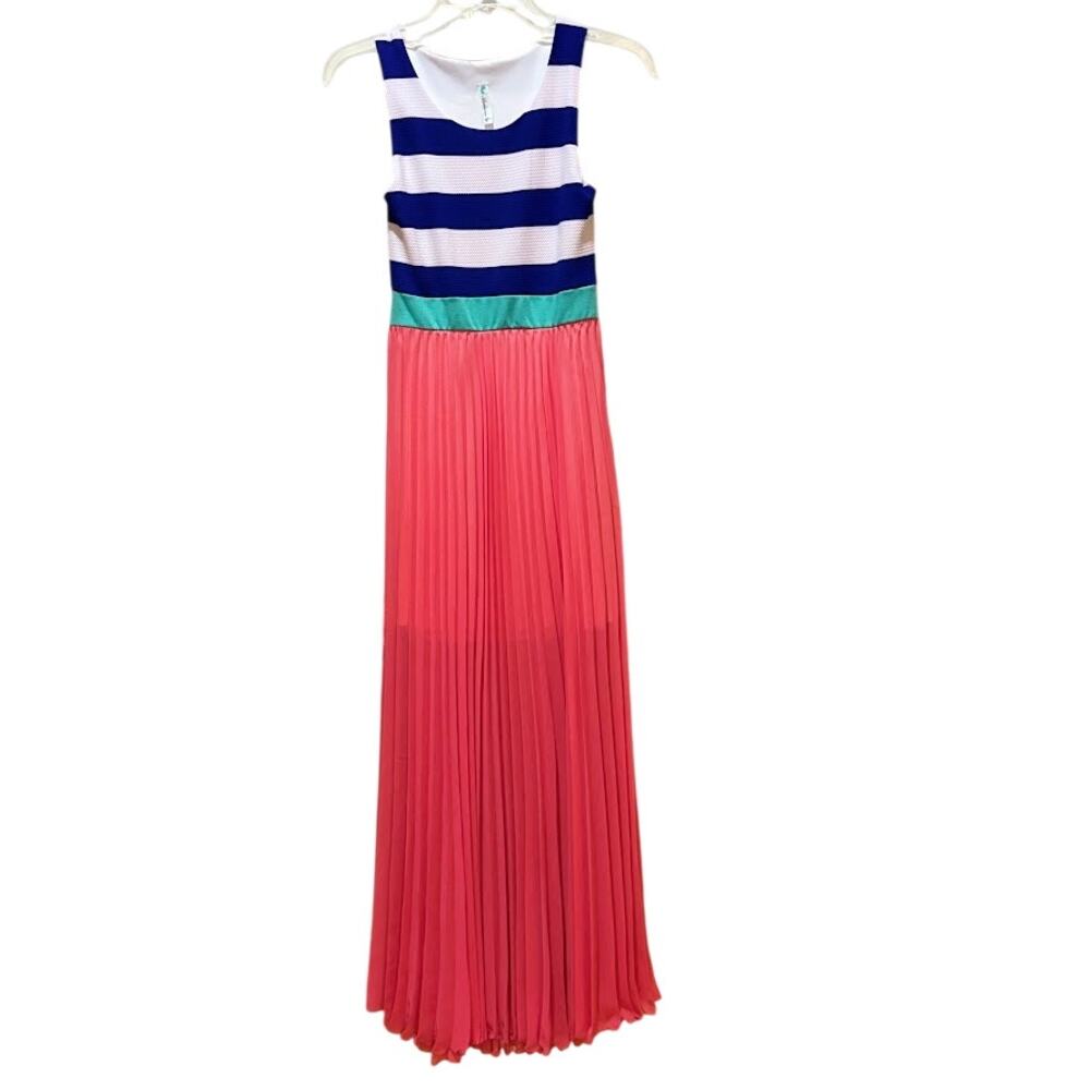 Auditions Maxi Dress Pleated Colorblock Striped Coral Pink Blue Tank Dress M